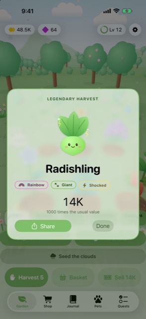 A harvest reveal card reading Legendary Harvest, a Radishling tagged Rainbow, Giant
      and Shocked, worth fourteen thousand coins.