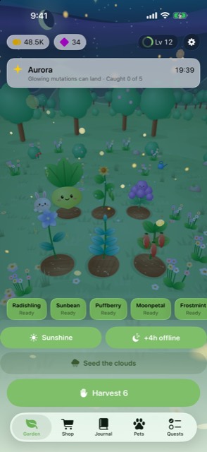 The garden at night under an aurora, with a weather banner reading Aurora, glowing
      mutations can land, and a catch counter.