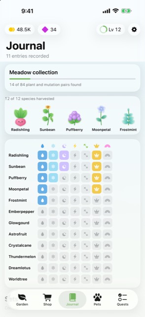 The Journal, showing the Meadow collection and a grid of plant species against the
      mutations each has been found wearing.