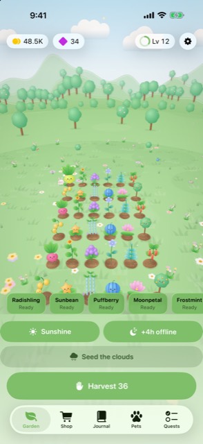 A meadow garden with thirty-six planted plots in neat rows, a Harvest 36 button
      across the bottom.